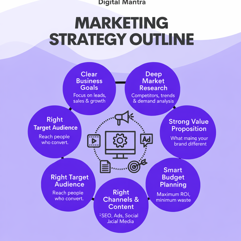 Marketing strategy online infographic showing digital marketing goals, market research, target audience, value proposition, budget planning, channels, and performance optimization
